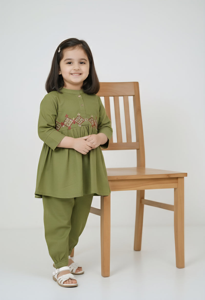Girls Khaddar Hand Embroided Frock Set 2pc - Olive Green