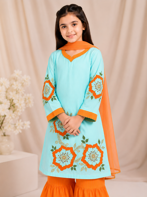 Girls Floral Painted Gharara Set - 3pc