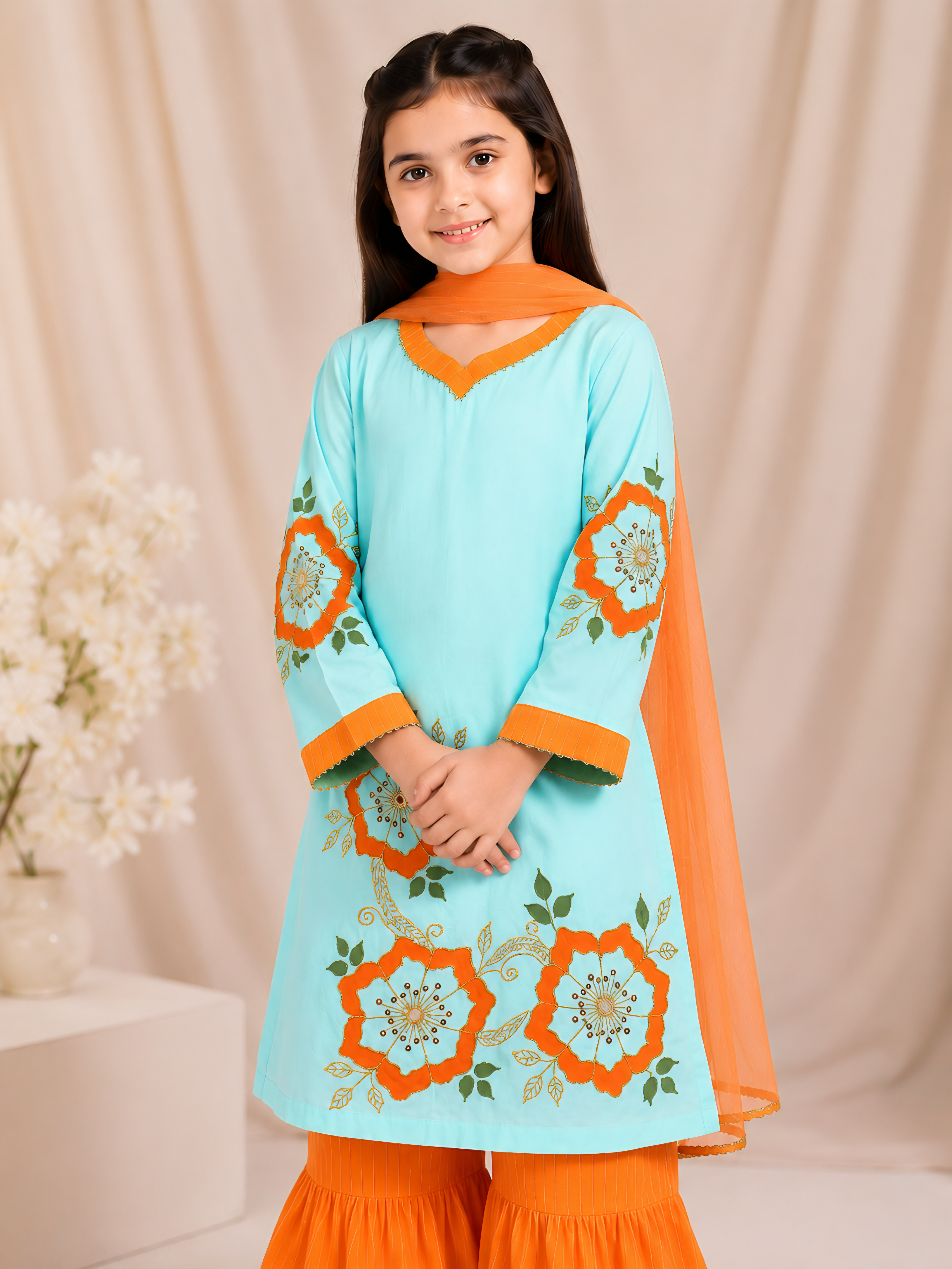 Girls Floral Painted Gharara Set - 3pc