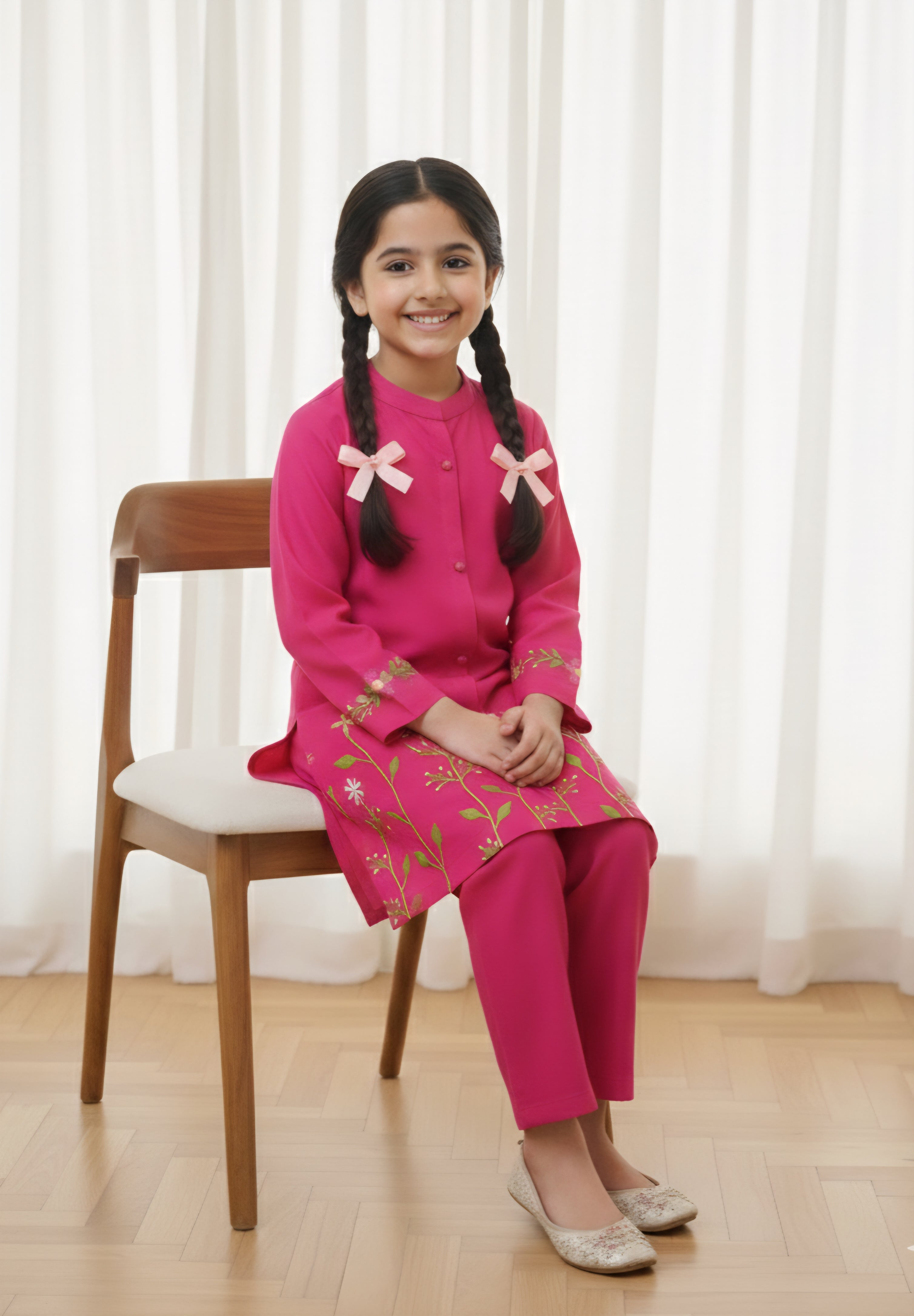 Girls Khaddar Hand Embroided 2pc - Pink