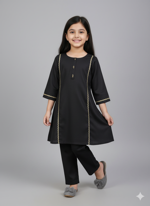 Girls Khaddar Solid Embellished Suit 2pc - Black