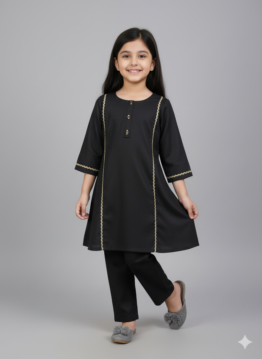Girls Khaddar Solid Embellished Suit 2pc - Black