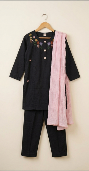 Girls Pink Floral Embroided Suit 3pc